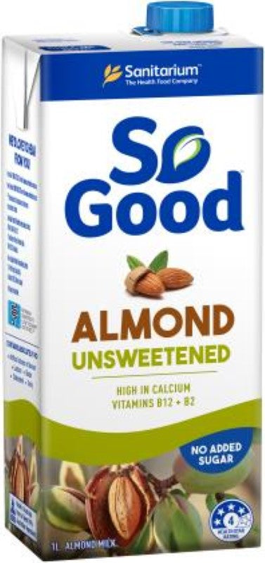 Unsweetened almond milk in a 1L carton, crafted from premium Australian almonds for a creamy, non-dairy alternative.