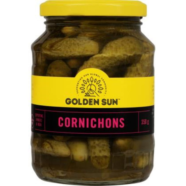 Tangy baby gherkins by Golden Sun in a 350g jar, perfect for sandwiches and charcuterie boards.