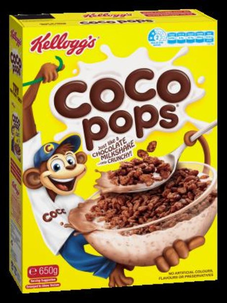 Kellogg's Coco Pops 650g pack, chocolatey cereal turning milk chocolaty for a fun and nutritious breakfast or snack.