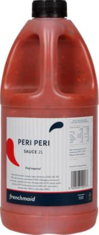 2L bottle of Frenchmaid Peri Peri Sauce, a flavorful South African condiment for enhancing meat and vegetarian dishes.