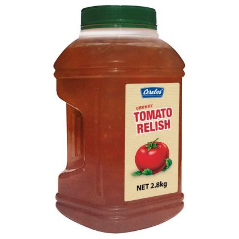 Large 2.8KG jar of Cerebos Tomato Relish, perfect for enhancing sandwiches, burgers, and cheese boards with robust flavor.