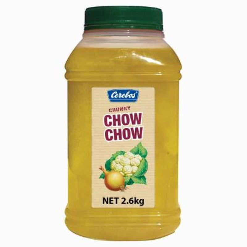 Vibrant 2.6KG jar of Cerebos Chow Chow featuring cauliflower, gherkins, and onion for zesty sandwiches and burgers.