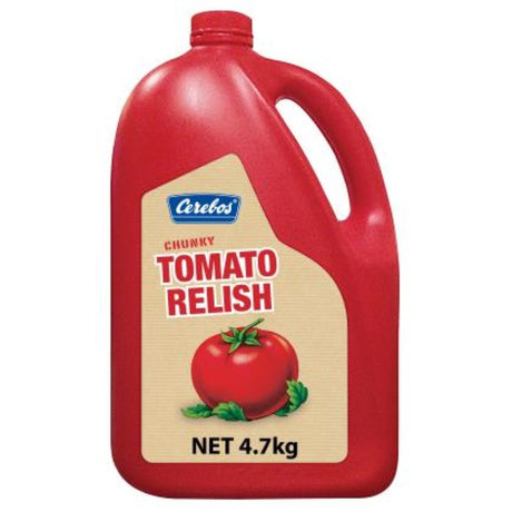 4.7KG jar of Cerebos Tomato Relish, a rich and tangy condiment perfect for enhancing sandwiches, burgers, and cheese boards.