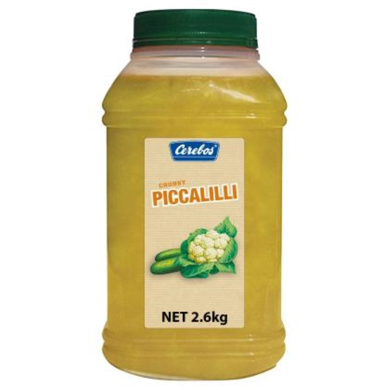 Bright yellow 2.6KG Cerebos Piccalilli, featuring chunky cauliflower, gherkin, and onion, ideal for enhancing various dishes.