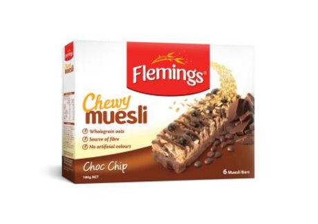 Chewy chocolate chip muesli bars by Flemings, made with oats for a tasty, fiber-rich snack, pack of 6 from New Zealand.