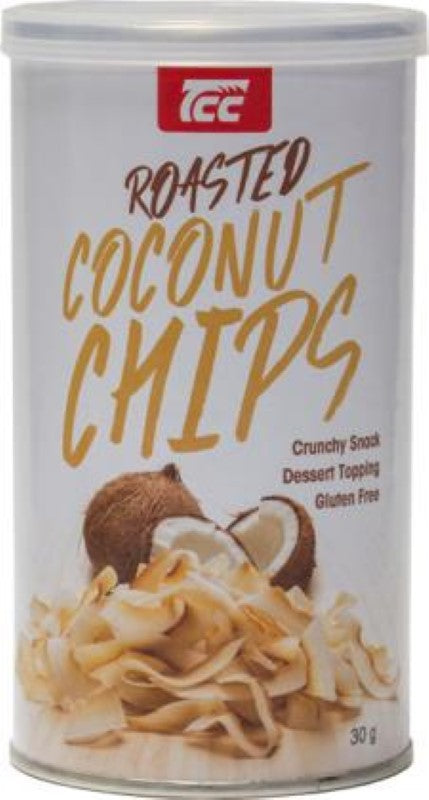 Crispy roasted coconut chips in a 30g pack, perfect for snacking or as toppings on desserts and salads.