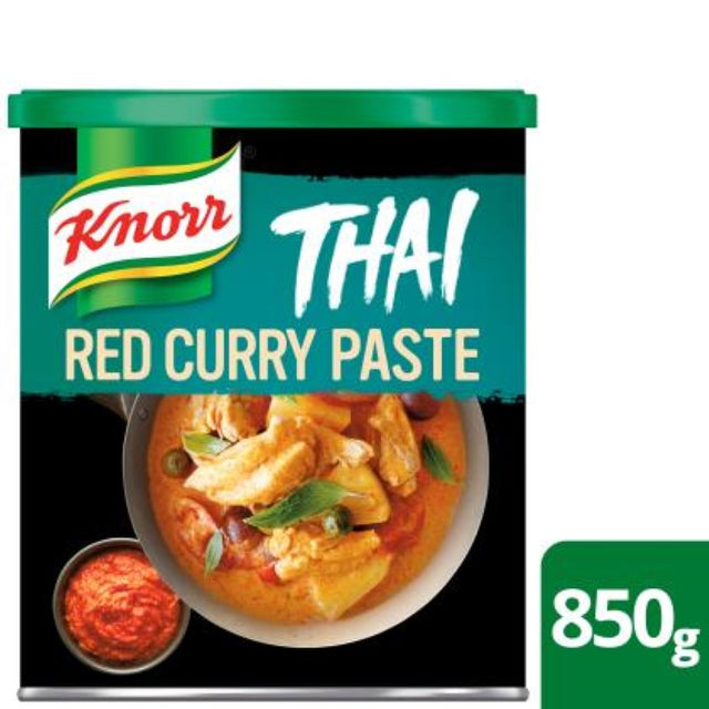 Authentic Knorr Thai Red Curry Paste in an 850g jar, featuring rich flavors of chili, lemongrass, and garlic for easy cooking.