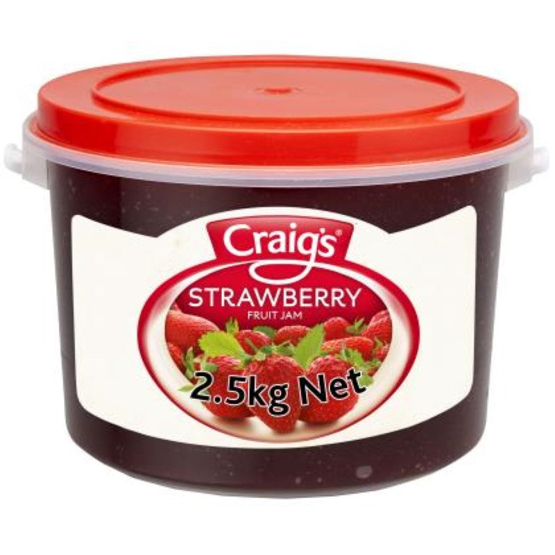 Craig's 2.5KG Strawberry Jam pail, featuring rich flavor and smooth texture, perfect for baking or spreading on toast.