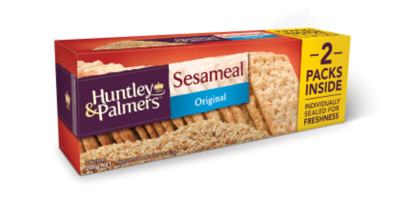 Golden crispy Huntley & Palmers Sesameal Original crackers, made in New Zealand, perfect for snacks or elegant pairings.