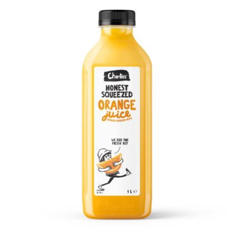 Refreshing 1L bottle of Charlie's Honest Orange Juice, bursting with natural orange flavor and vitamin C from Australia.