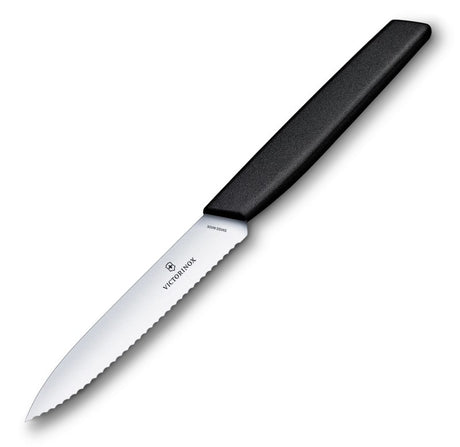 Victorinox Swiss Modern 10cm wavy edge black paring knife, ideal for precise peeling and slicing with an ergonomic handle.