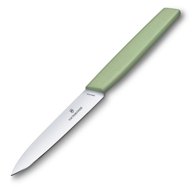 Victorinox paring knife in moss green, featuring a 10cm stainless steel blade for precision cutting and ergonomic comfort.