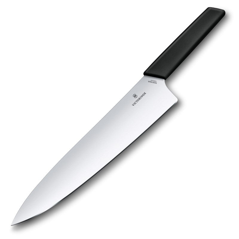 Victorinox Swiss Modern Black Carving Knife (25cm) featuring a sharp stainless steel blade and ergonomic handle for precision slicing.