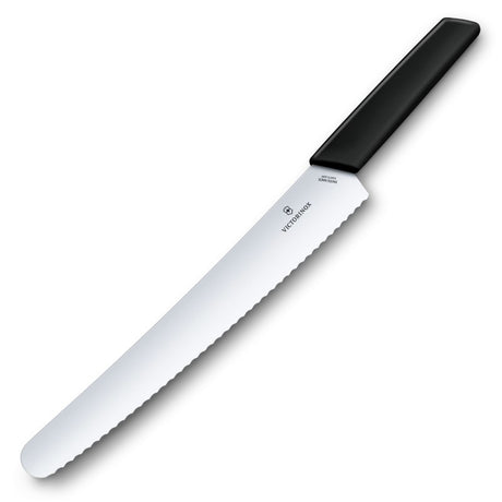 Victorinox Swiss Modern 26cm bread and pastry knife with wavy edge, ergonomic black handle, and durable stainless steel blade.