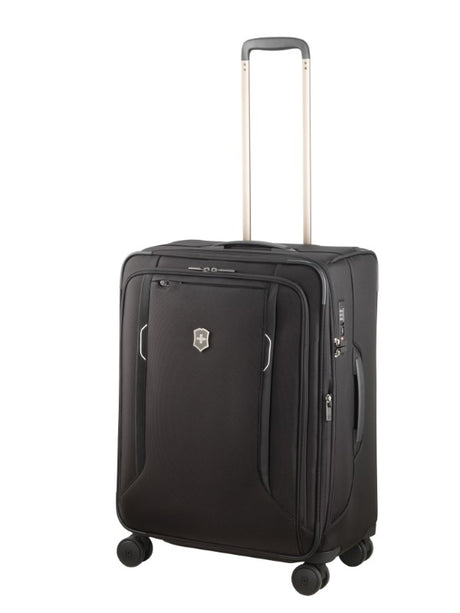 Victorinox WT 6.0 Softside Medium luggage in black, featuring a dual-tube handle, silent wheels, and expandable packing capacity.