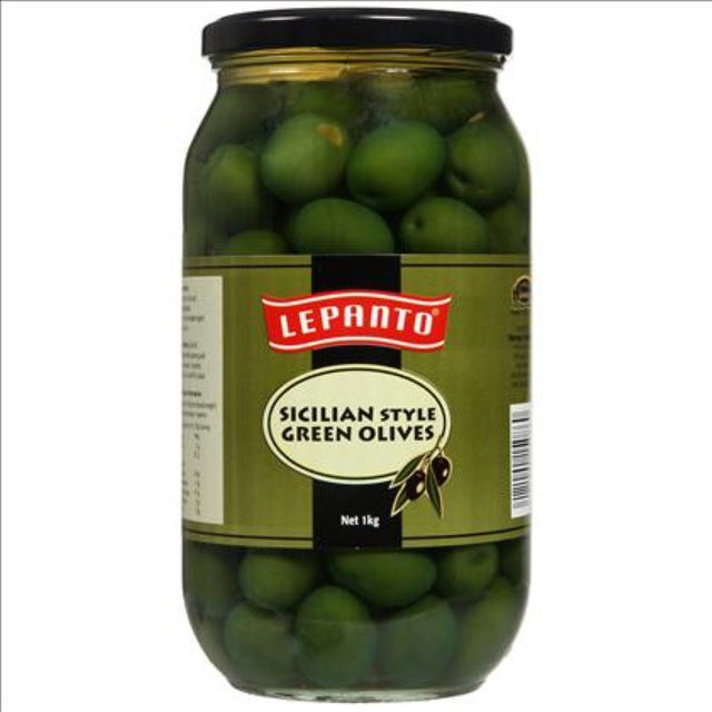 Green Whole Sicilian Olives in a 1KG glass jar, brined for authentic Mediterranean flavor, perfect for snacks and dishes.