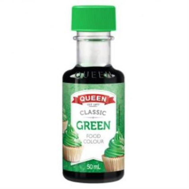 Vibrant 50ML green food colouring by Queen, perfect for enhancing baked goods and desserts with a creative touch.