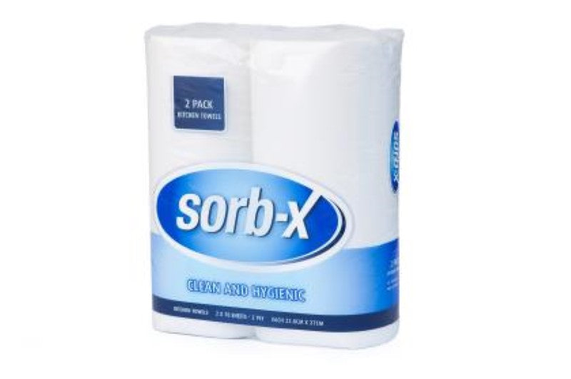 Two rolls of Sorb-X 2-ply paper towels in a carry bag, featuring 70 super absorbent sheets for versatile kitchen cleaning.