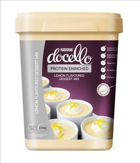 Lemon-flavored protein-enriched dessert mix from Nestle Docello, gluten-free, 2.05kg, perfect for tasty, nutritious treats.