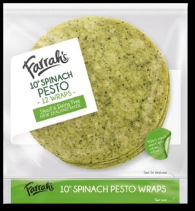 Delicious 10-inch spinach pesto wraps from Farrah, vegan and gluten-free, perfect for healthy wraps and meals.