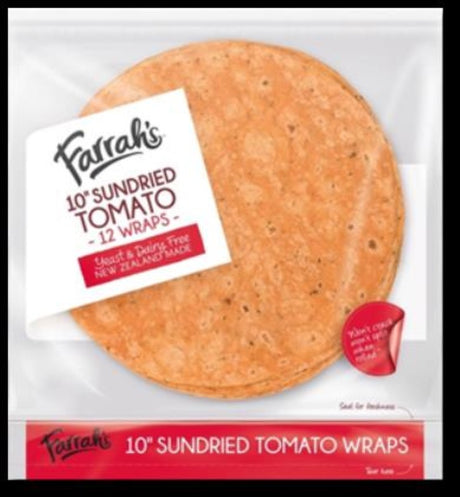 10-inch sundried tomato wraps by Farrah, vegan and halal, perfect for meal prep or gourmet dining, 12 pieces, made in NZ.