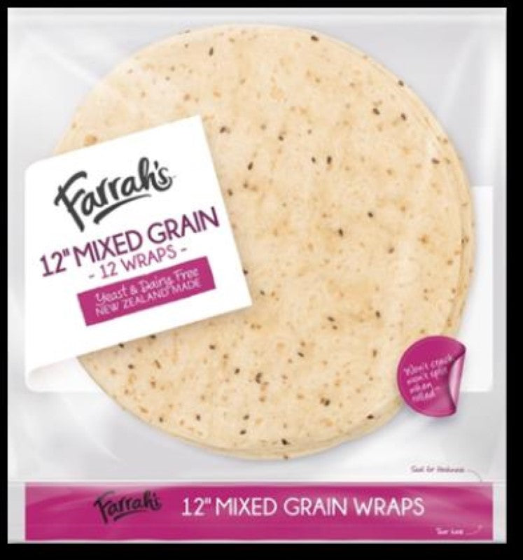 12-inch mixed grain wraps from Farrah, vegan and halal, ideal for healthy wraps, sandwiches, and creative meals.