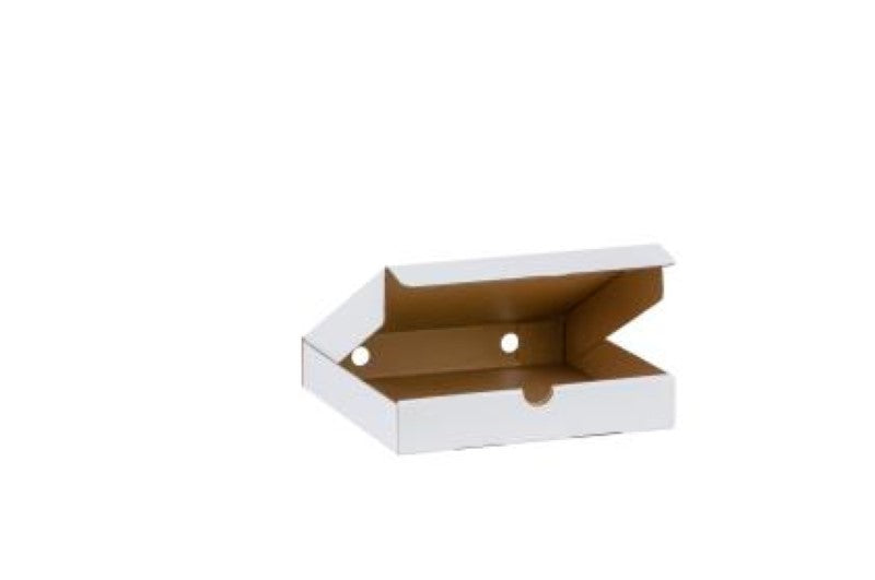 White 9-inch pizza boxes from Emperor, 50-pack, durable corrugated cardboard with self-locking lids for secure delivery.