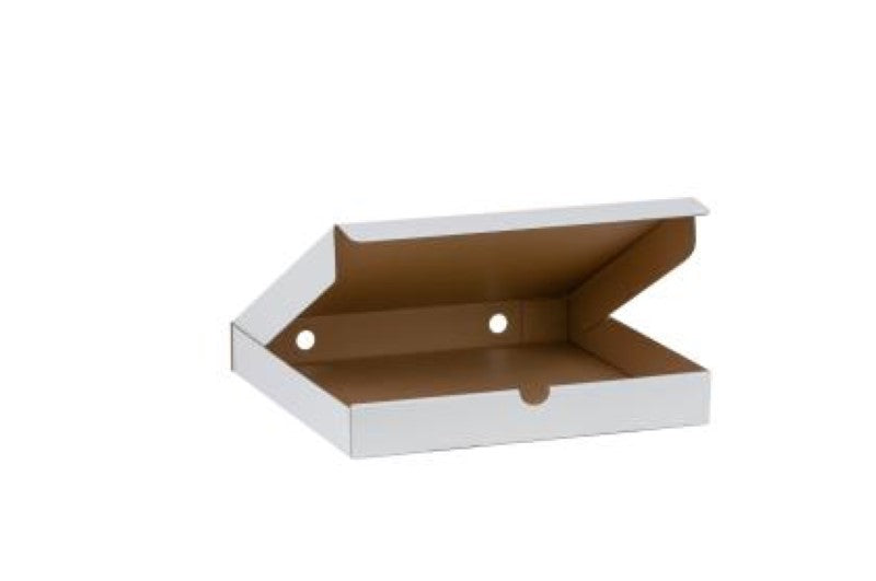 White 12-inch pizza boxes with self-locking lids, packaged in sets of 50 for secure and elegant pizza delivery.