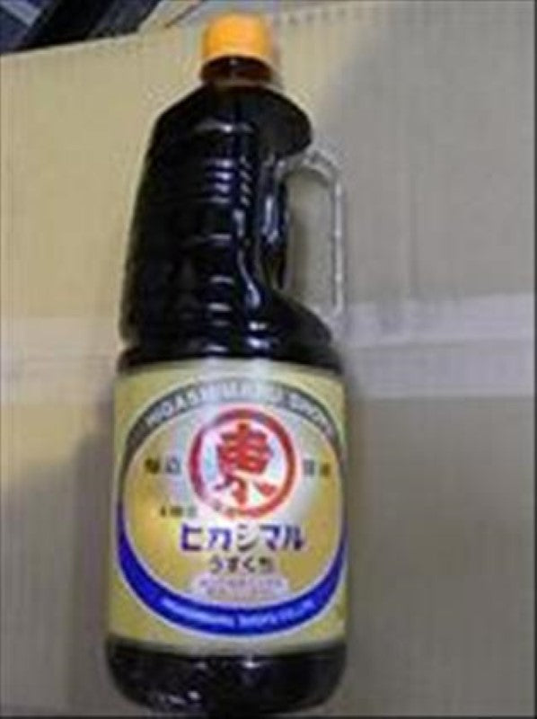 Authentic Higashimaru Lite Shoyu in a 1.8L bottle, perfect for adding umami flavor to dishes with low sodium.