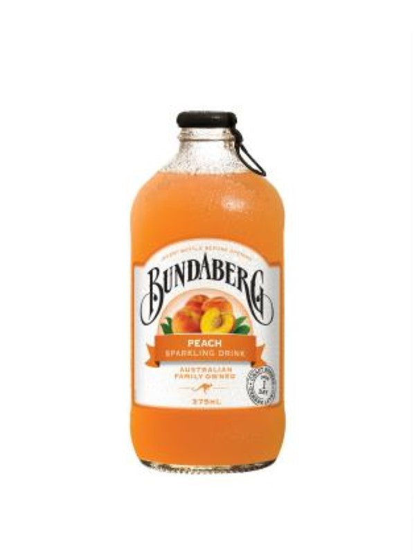 Twelve 375ml bottles of Bundaberg Drink Peach, featuring sweet and tangy peach flavor, perfect for any occasion.