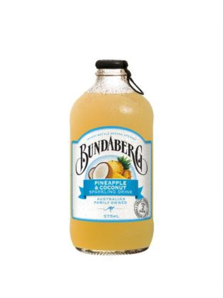 Twelve 375ml bottles of Bundaberg Pineapple Coconut Drink, a tropical blend of pineapple and coconut flavors.