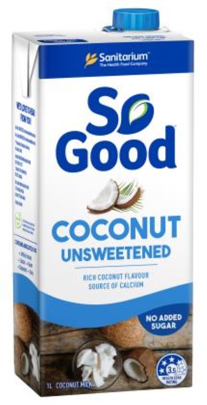 Unsweetened UHT coconut milk from So Good in a 1L carton, ideal for smoothies, cereal, and cooking without added sugar.