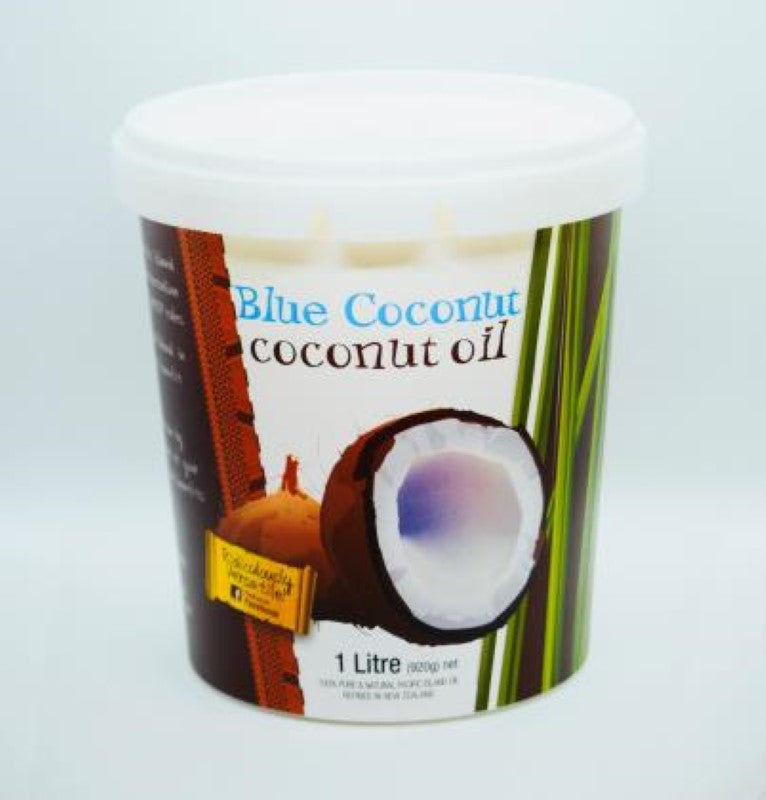 Refined 1L Blue Coconut cooking oil, tasteless and odorless, ideal for versatile culinary uses.