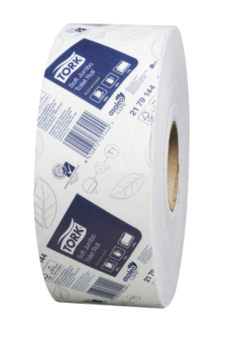 Soft 2-ply jumbo toilet rolls by Tork, 6 rolls of 320M for busy washrooms, featuring waste-reducing stub roll design.