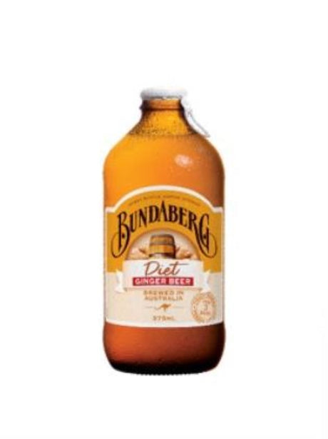 A pack of 12 Bundaberg Diet Ginger Beer bottles, featuring a refreshing low-calorie ginger drink crafted in Australia.