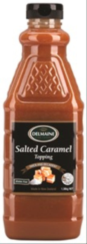 Luscious Delmaine Salted Caramel Topping in a 1.35KG jar, perfect for drizzling over desserts like ice cream and pancakes.