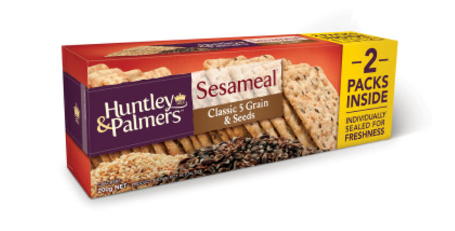 Crunchy 5-grain sesame crackers from Huntley & Palmers, perfect for healthy snacking and pairing with dips or cheese.