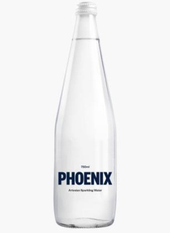 Twelve 750ml bottles of Phoenix Sparkling Mineral Water, sourced from New Zealand, offering refreshment and rich minerals.