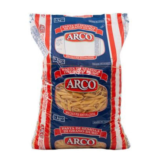 Premium ARCO Pasta Penne Rigate in a 5KG pack, ideal for rich, flavorful dishes with its ridged surface for sauce adherence.