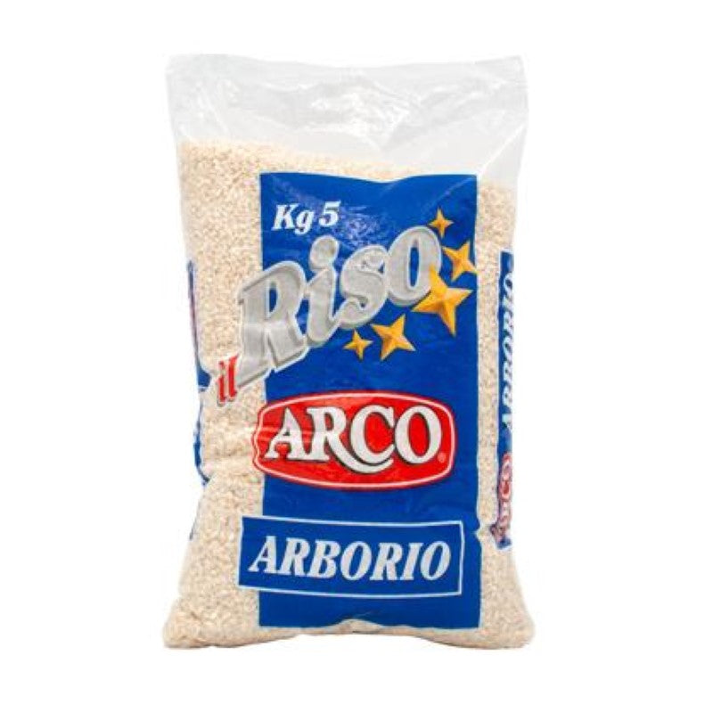 5KG bag of ARCO Rice Arborio, ideal for creamy risotto and casseroles, sourced from Italy for rich flavor absorption.