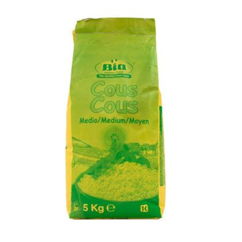 5KG pack of Bia Couscous from Italy, ideal for Mediterranean dishes, quick to prepare, and suitable for vegetarians.