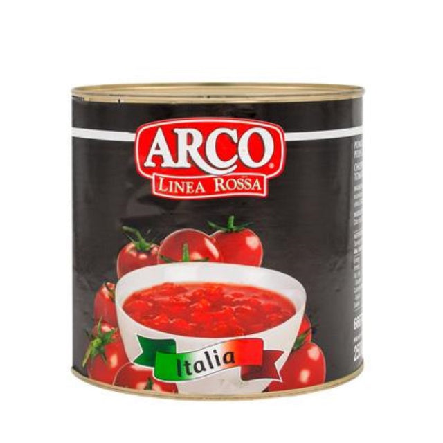 ARCO Chopped & Diced Italian Tomatoes, 2.55kg can, ideal for sauces and stews, non-GMO, gluten-free, and rich in flavor.