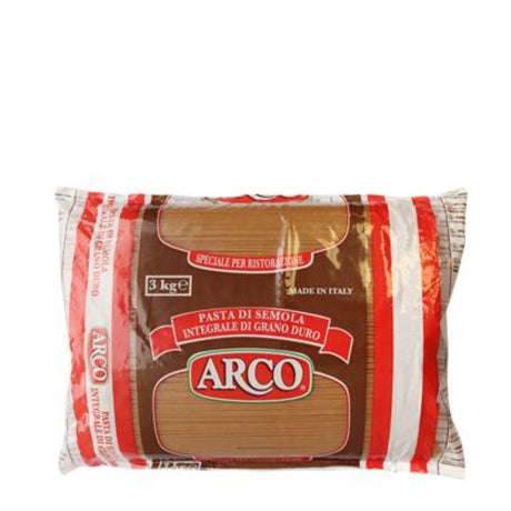 Wholemeal Spaghetti by ARCO in a 3KG pack, high-fiber, nutritious pasta for versatile Italian dishes.