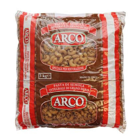 Wholemeal macaroni pasta by ARCO in a 3kg pack, rich in fiber and nutrients, perfect for health-conscious meals.