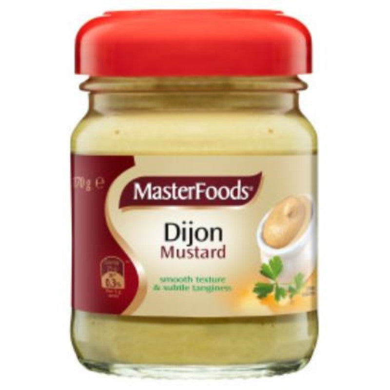 A 170g jar of MasterFoods Dijon mustard, featuring a creamy texture and sharp flavor for enhancing dishes.