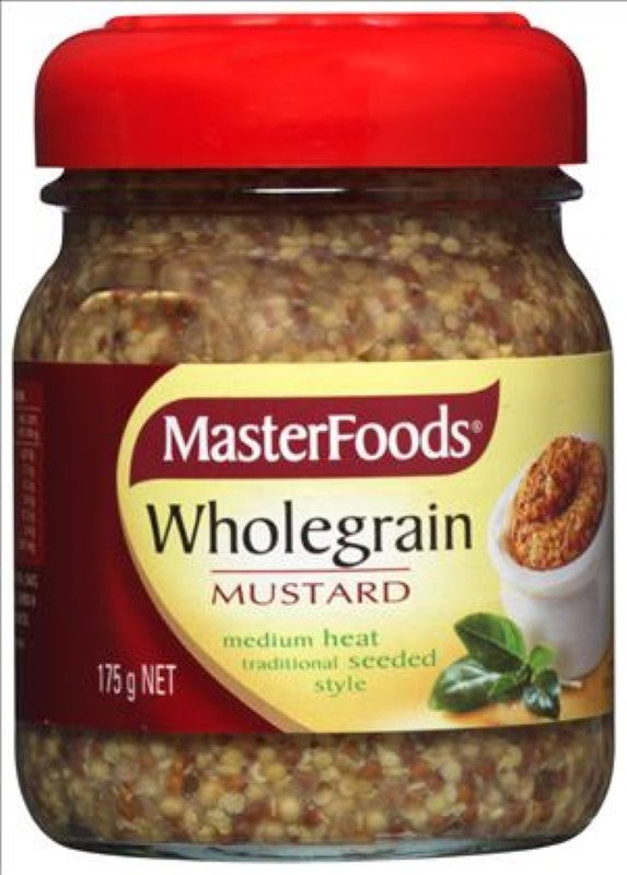 Wholegrain mustard jar from MasterFoods, 175g, featuring whole mustard seeds for gourmet flavor in dishes.