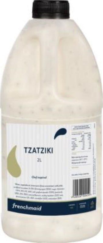 Creamy Tzatziki dip by Frenchmaid, blending yogurt, cucumber, and lemon juice in a versatile 2L tub for healthy snacking.