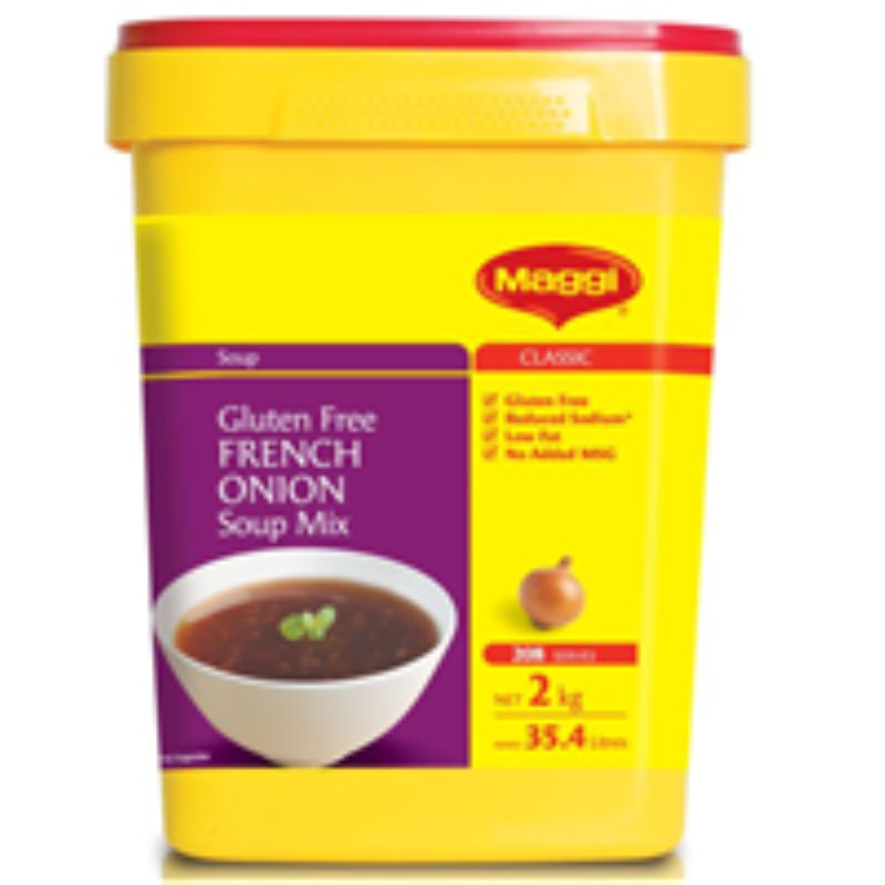 Gluten-free French Onion soup by Maggi, 2KG pack, rich in flavor, perfect for quick meals and versatile recipes.