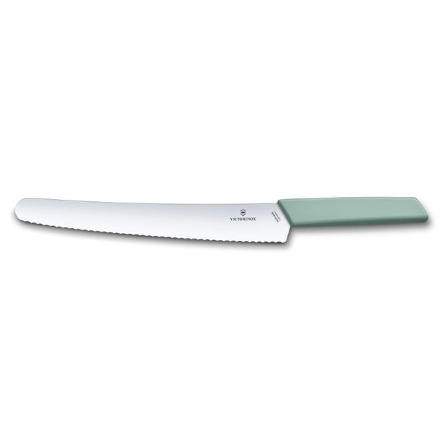 Aqua-handled Victorinox bread and pastry knife with a 26cm wavy-edge blade, perfect for precise slicing of baked goods.