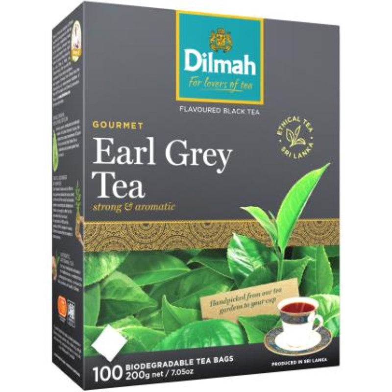 Dilmah Earl Grey tagless tea bags, 100PC, offering robust flavor with bergamot and floral notes in convenient foil pouches.